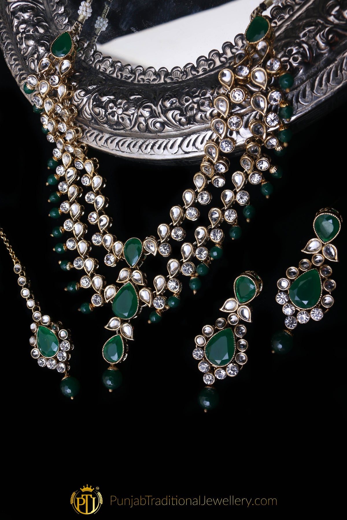 Green Kundan Necklace Set By Punjabi Traditional Jewellery