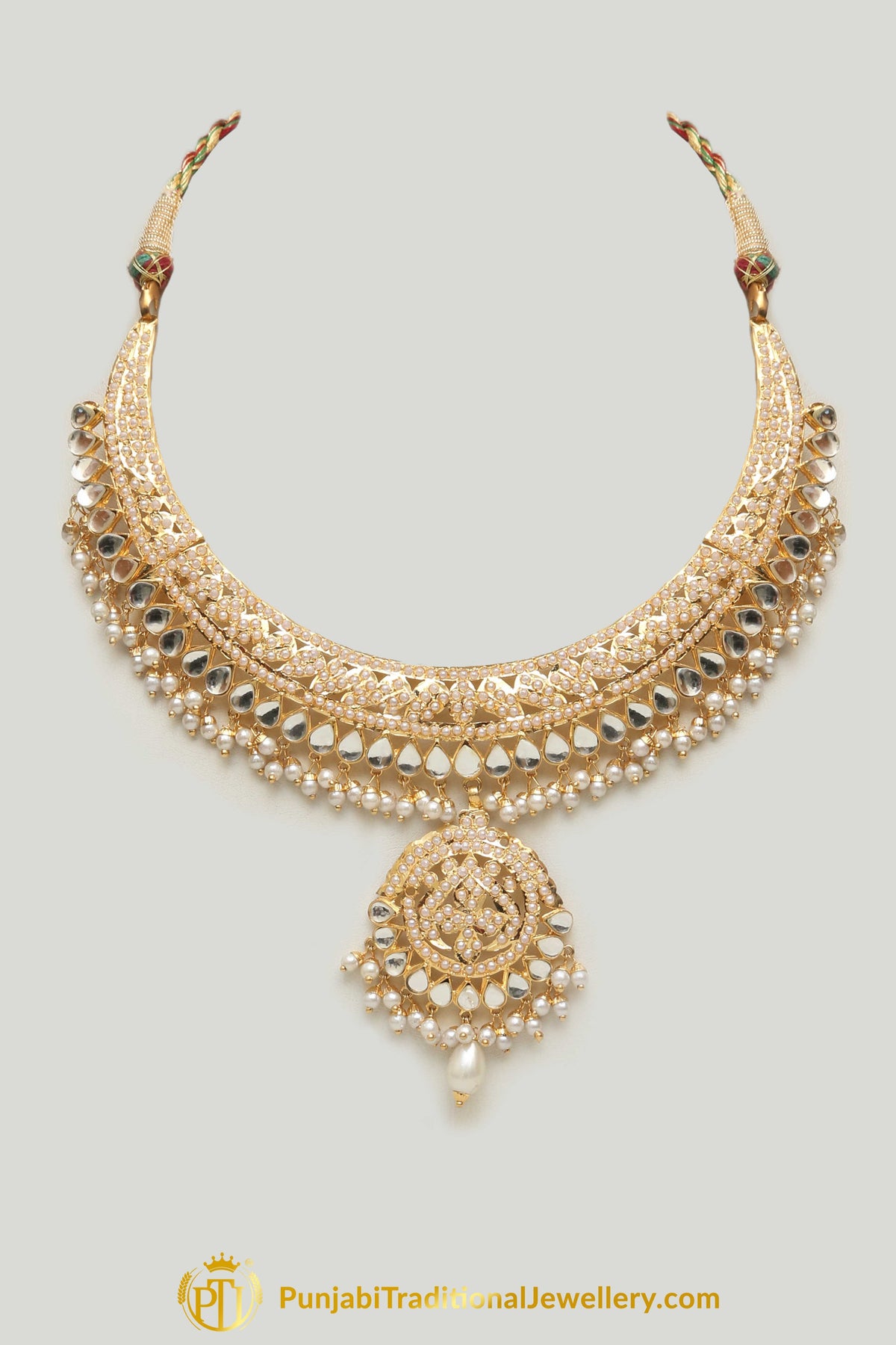 Golden Jadau Pearl Kundan Necklace Set By Punjabi Taditional Jewellery