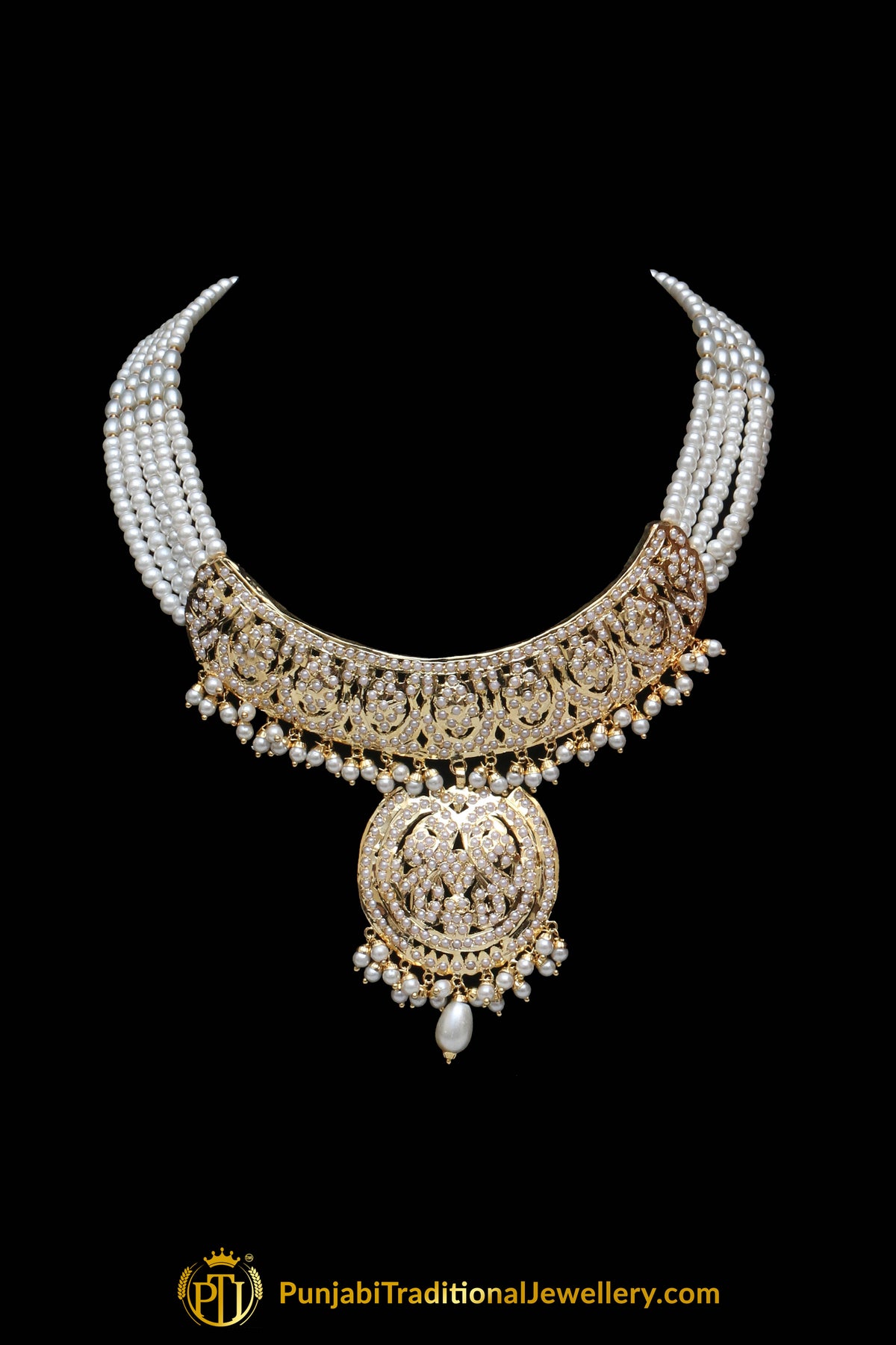 Golden Jadau Necklace Set By Punjabi Traditional Jewellery