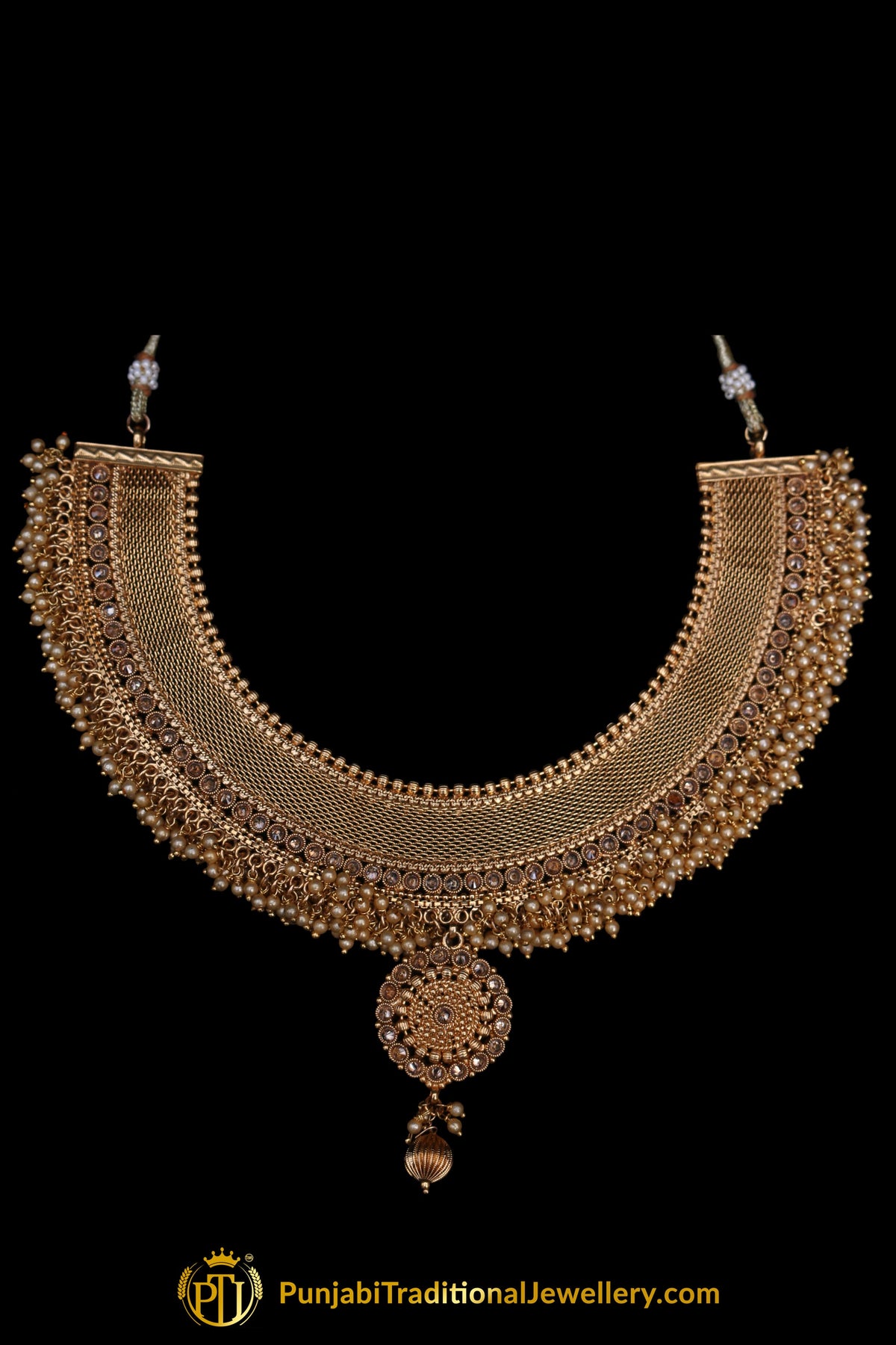 Polki Antique Gold Pearl Necklace Set By Punjabi Traditional Jewellery