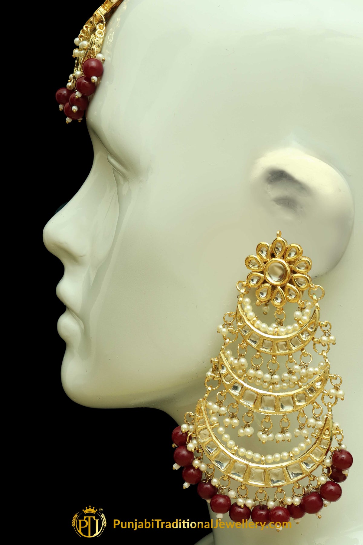 Rubby Kundan Earring Tikka Set By Punjabi Traditional Jewellery