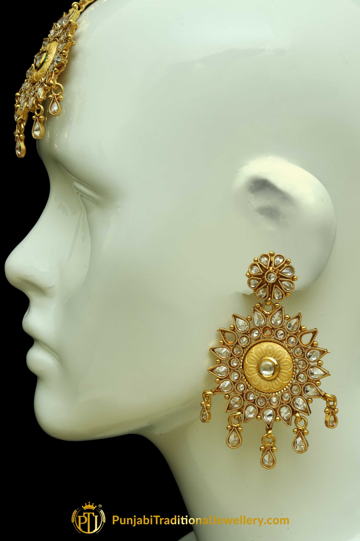 Golden Polki Earrings Tikka Set By Punjabi Traditional Jewellery