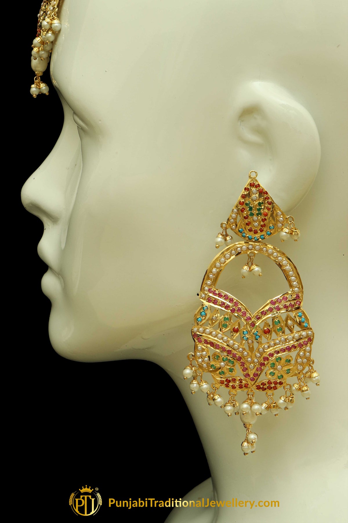 Gold Finished Navratan Jadau Earring Tikka Set By Punjabi Traditional Jewellery