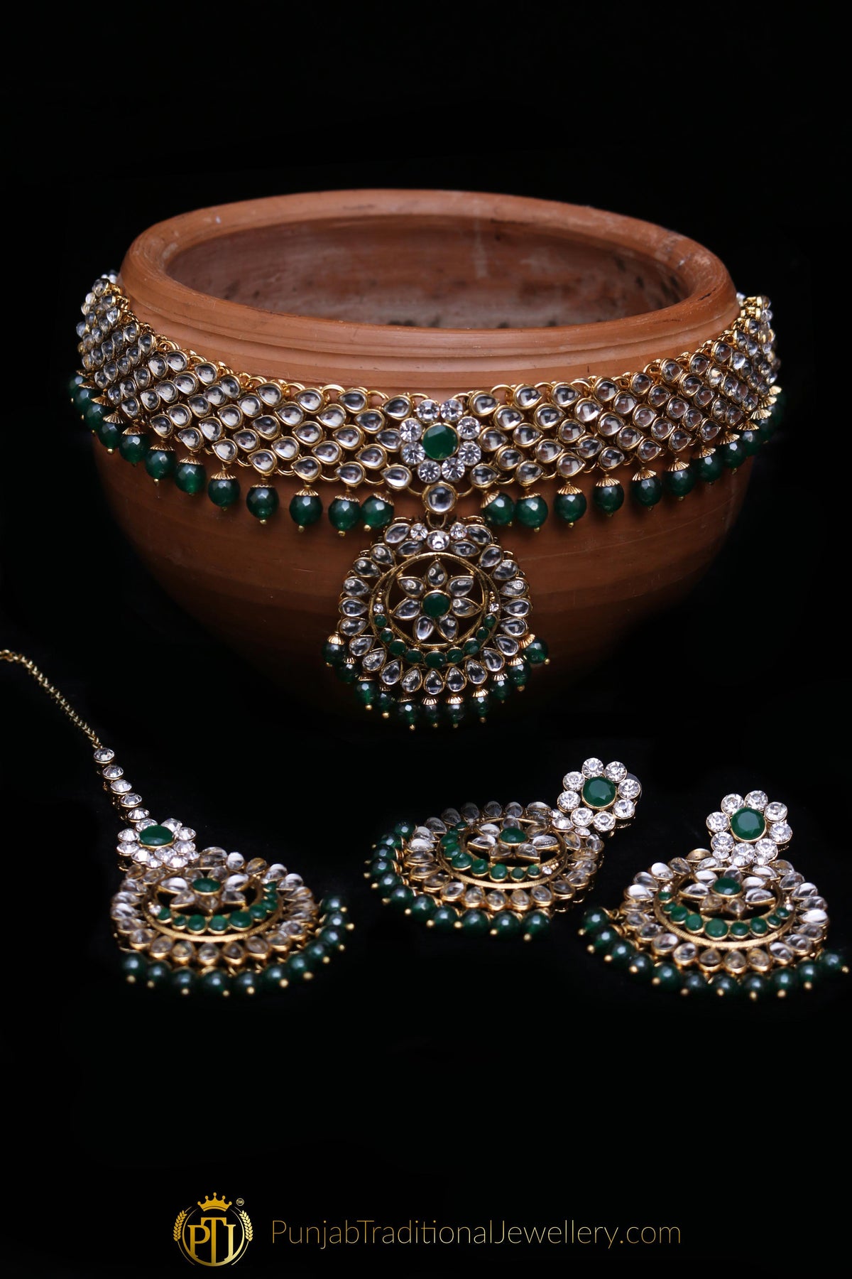 Green Kundan Choker Necklace Set By Punjabi Traditional Jewellery