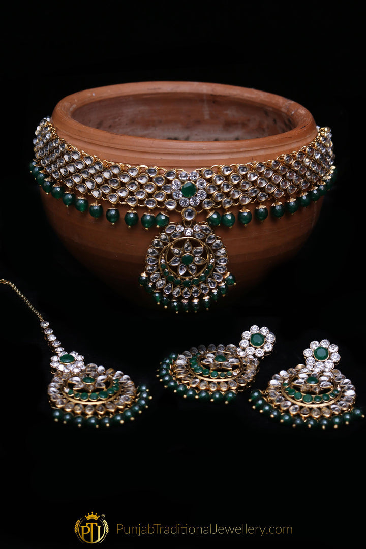 Green Kundan Choker Necklace Set By Punjabi Traditional Jewellery