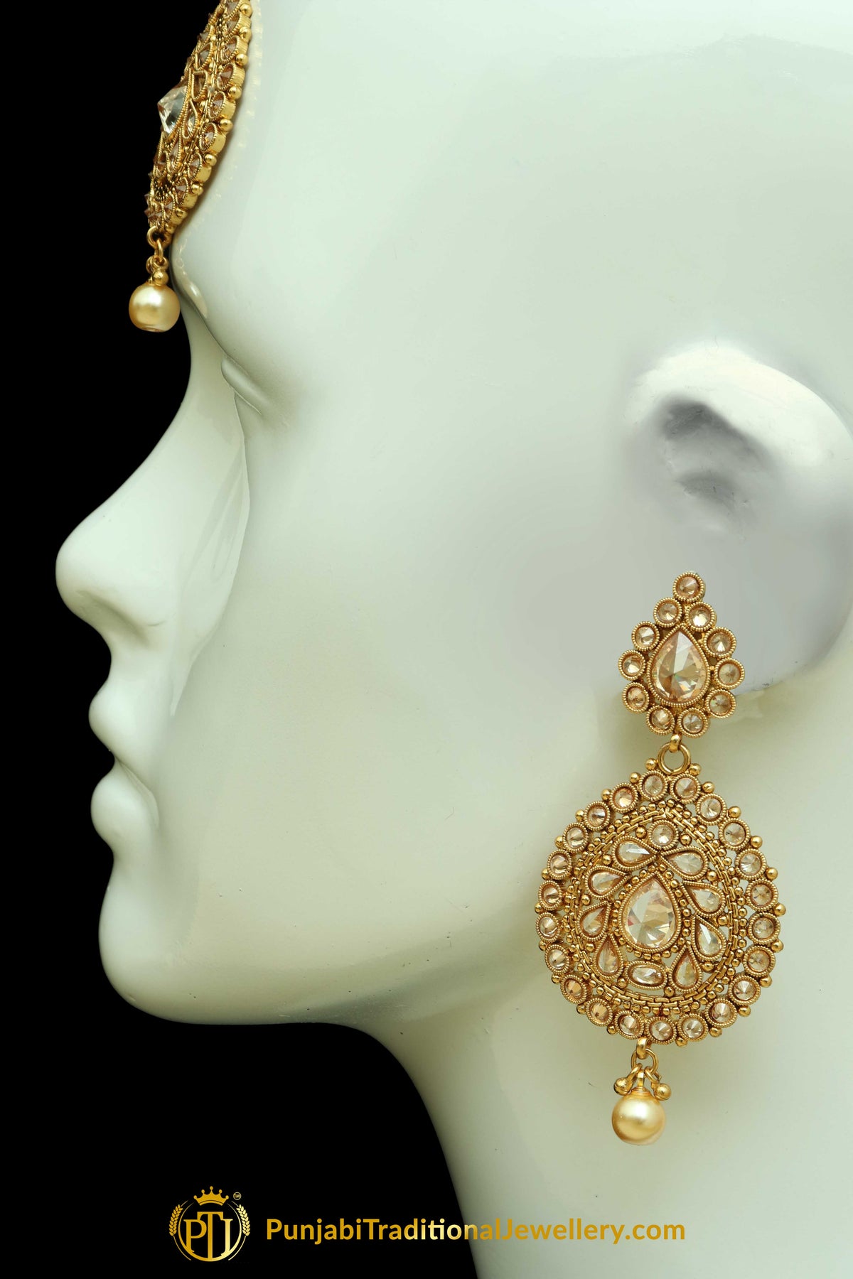 Golden Polki Earrings Tikka Set By Punjabi Traditional Jewellery