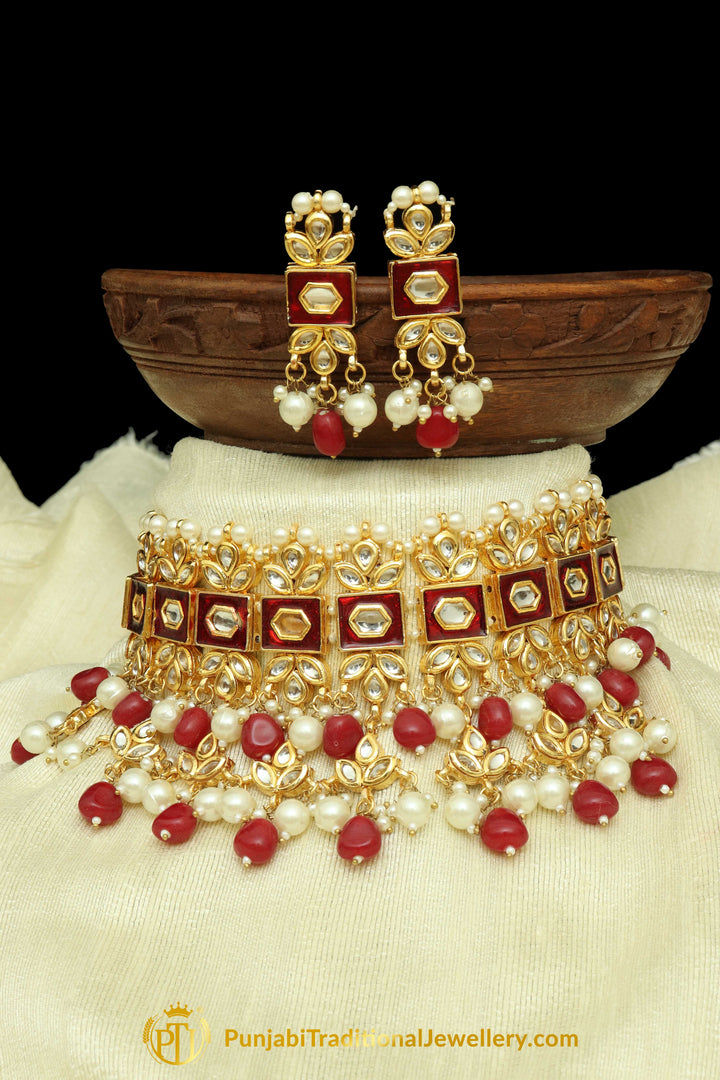 Rubby Meena Kundan Pearl Choker Necklace Set By Punjabi Traditional Jewellery