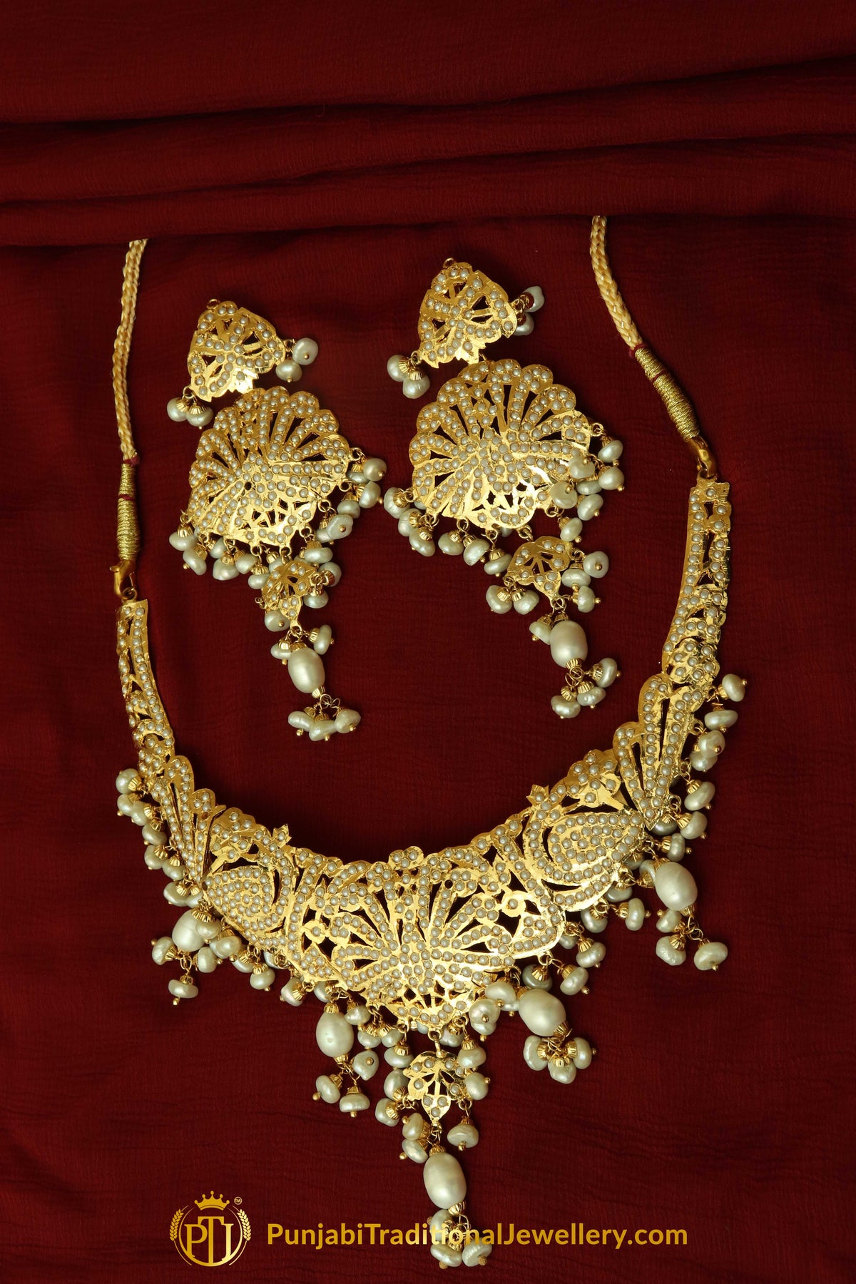 Golden Jadau Pearl Necklace Set By Punjabi Traditional Jewellery