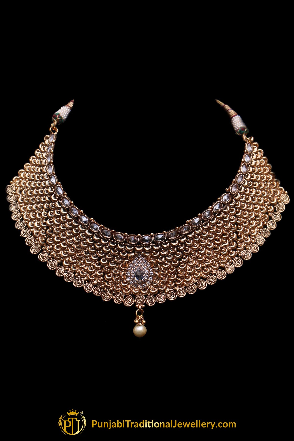 Choker Antique Gold Pearl Choker Necklace Set By Punjabi Traditional Jewellery