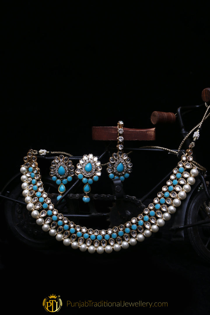 White & Firozi Kundan Necklace Set By Punjabi Traditional Jewellery