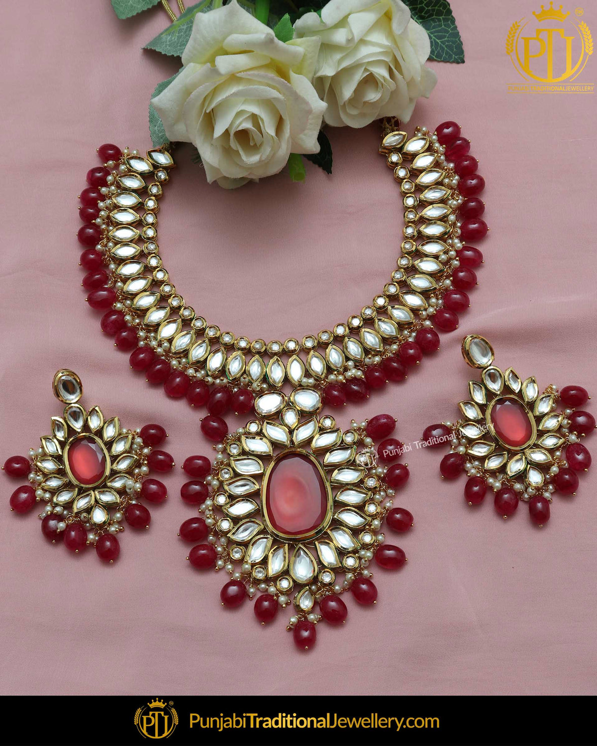 Red Kundan Necklace Set By Punjabi Taditional Jewellery