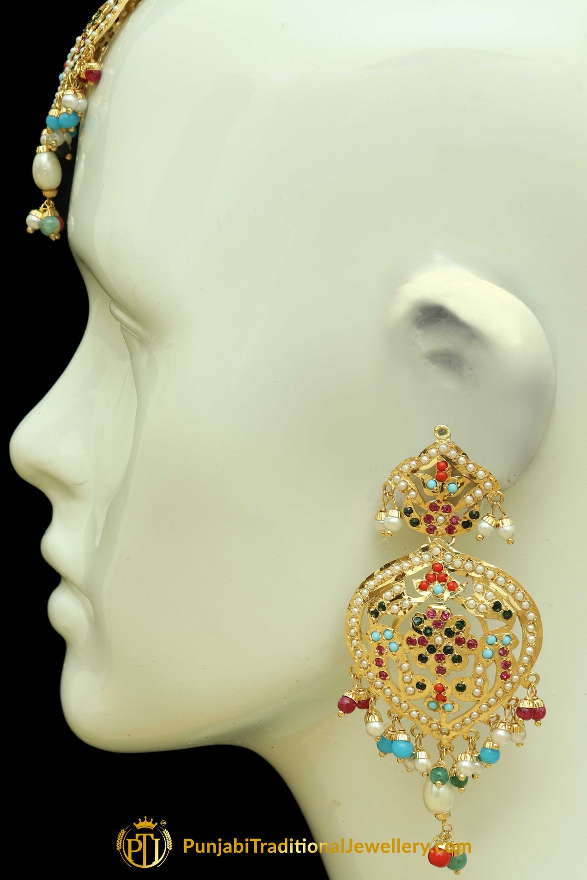 Multi Jadau Pearl Earring Tikka Set By Punjabi Traditional Jewellery