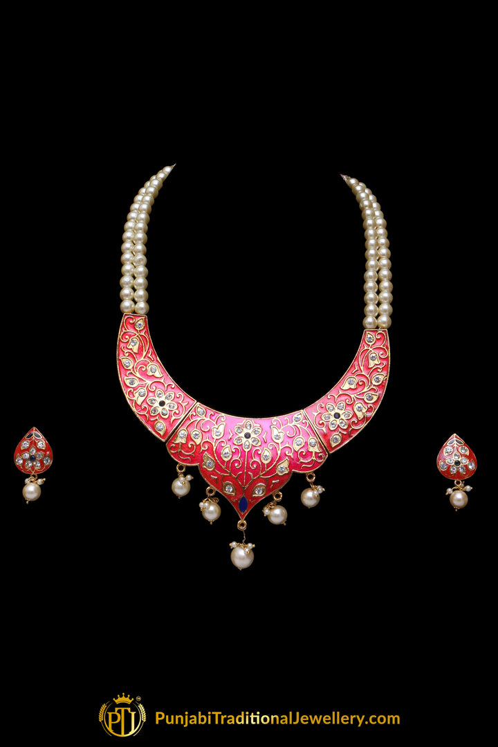 Red Meena Pearl Necklace Set By Punjabi Taditional Jewellery