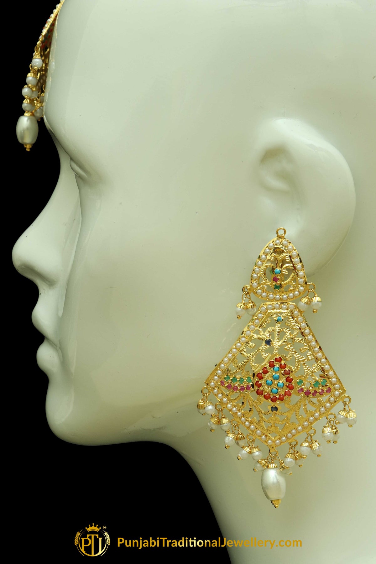 Gold Finished Navratan Jadau Earring Tikka Set By Punjabi Traditional Jewellery