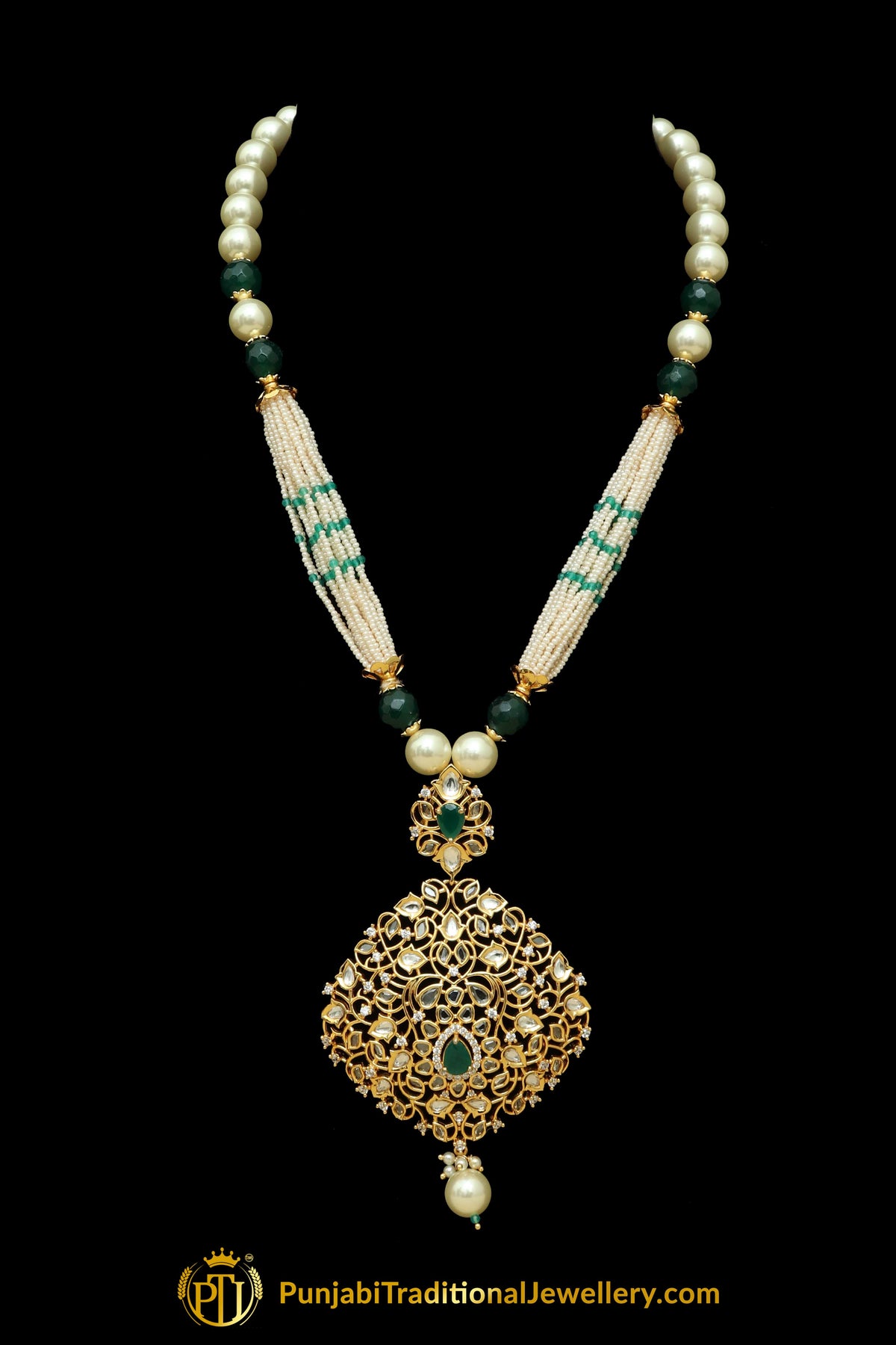Green Pearl Kundan Matt Gold Necklace Set By Punjabi Taditional Jewellery