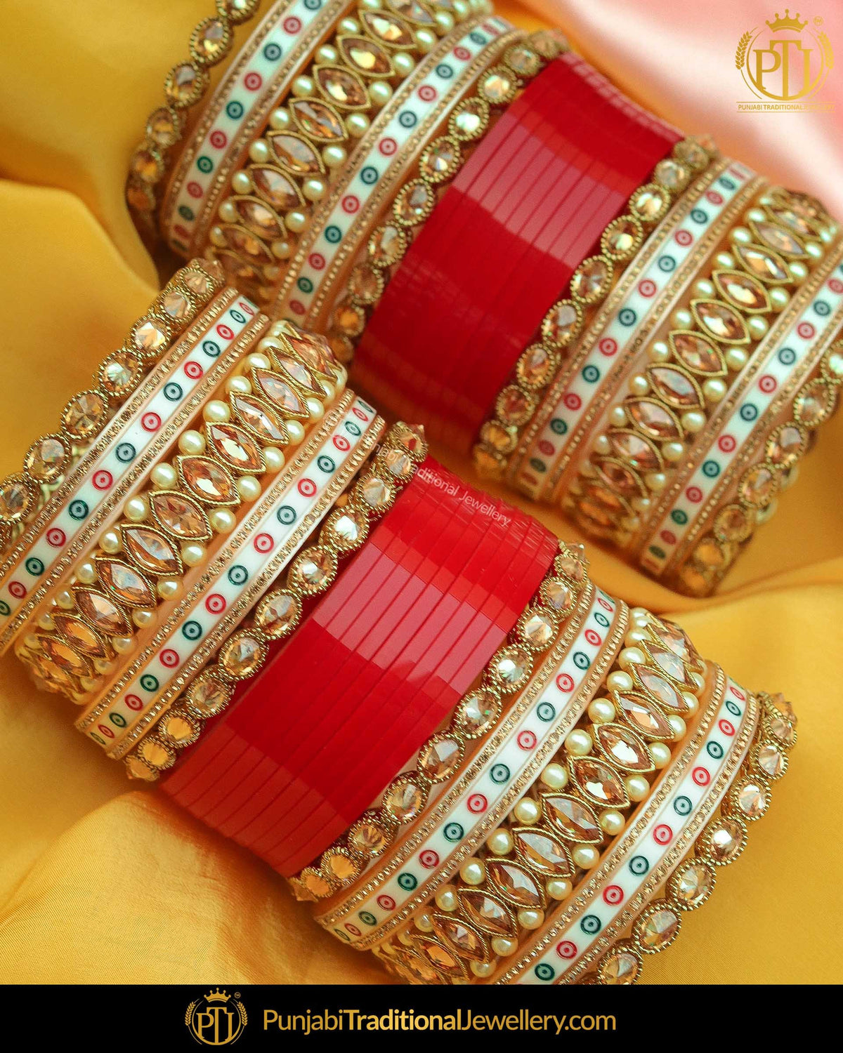 Dotted champagne Red stone Bridal Chura | Punjabi Traditional Jewellery Exclusive