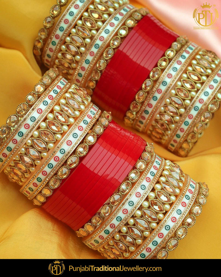 Dotted champagne Red stone Bridal Chura | Punjabi Traditional Jewellery Exclusive