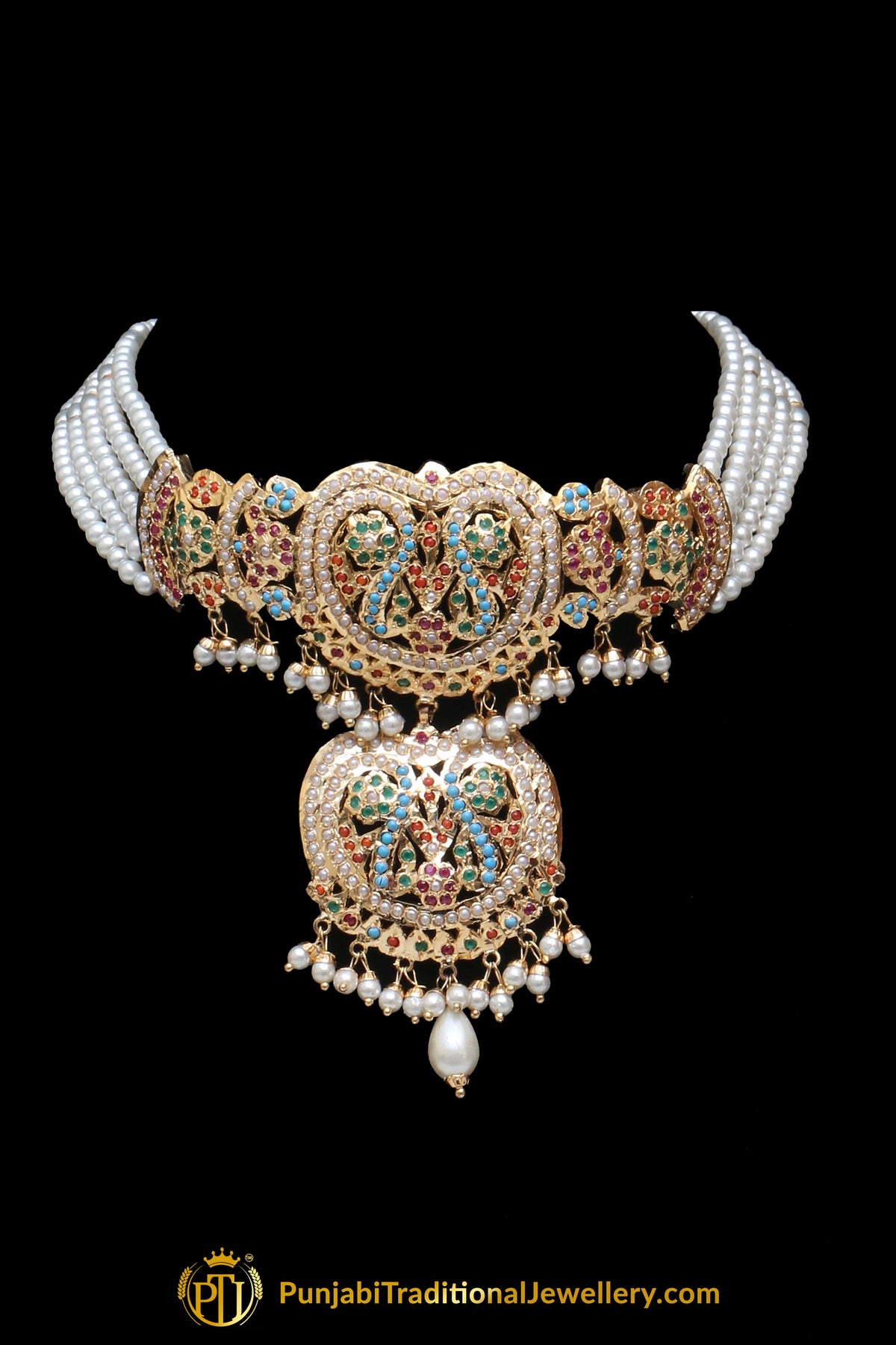 Multi Pearl Jadau Necklace Set By Punjabi Traditional Jewellery