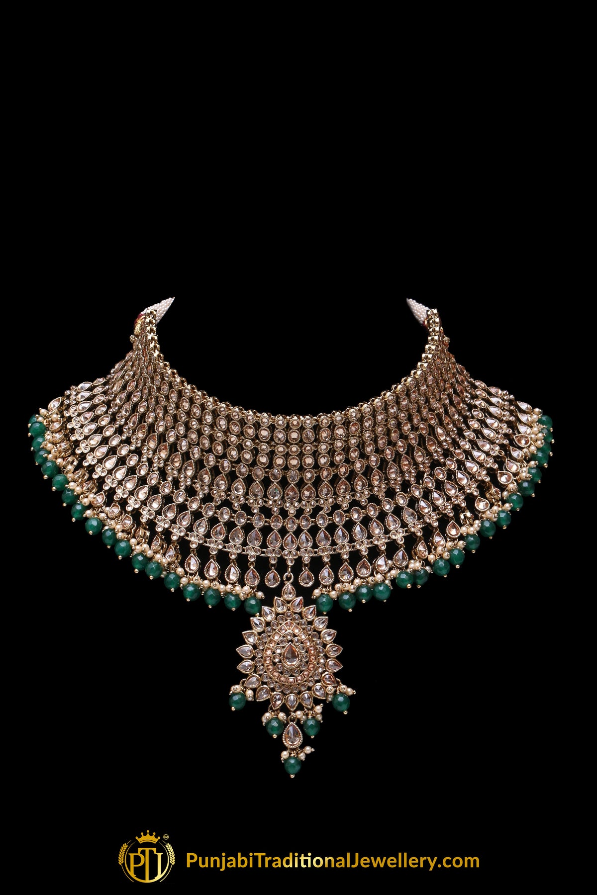 Green Champagne Stone Necklace Set By Punjabi Traditional Jewellery