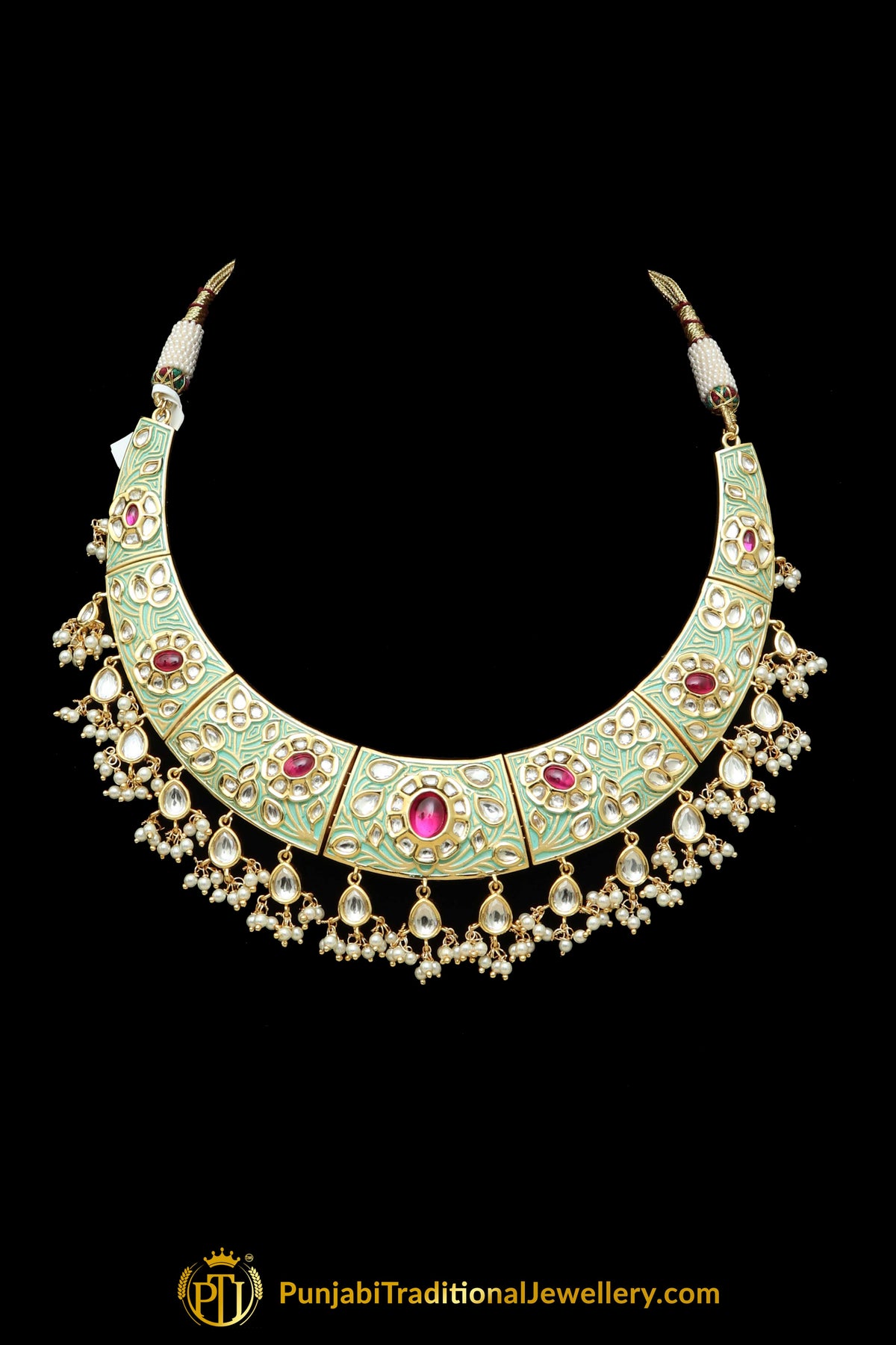 Green Red Kundan Necklace Set By Punjabi Taditional Jewellery