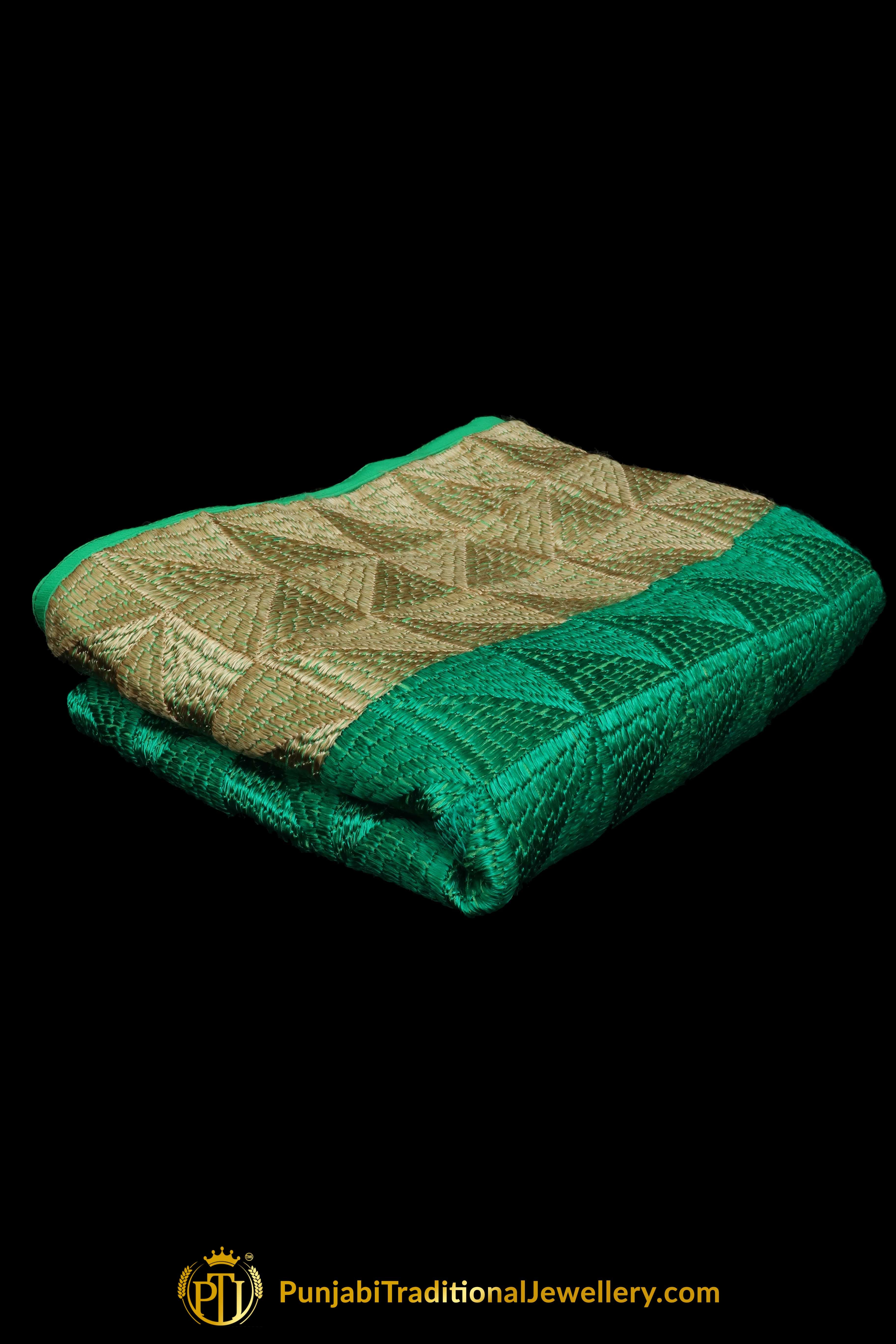 Golden & Green Color Pure Phulkari Dupatta By Punjabi Traditional Jewellery