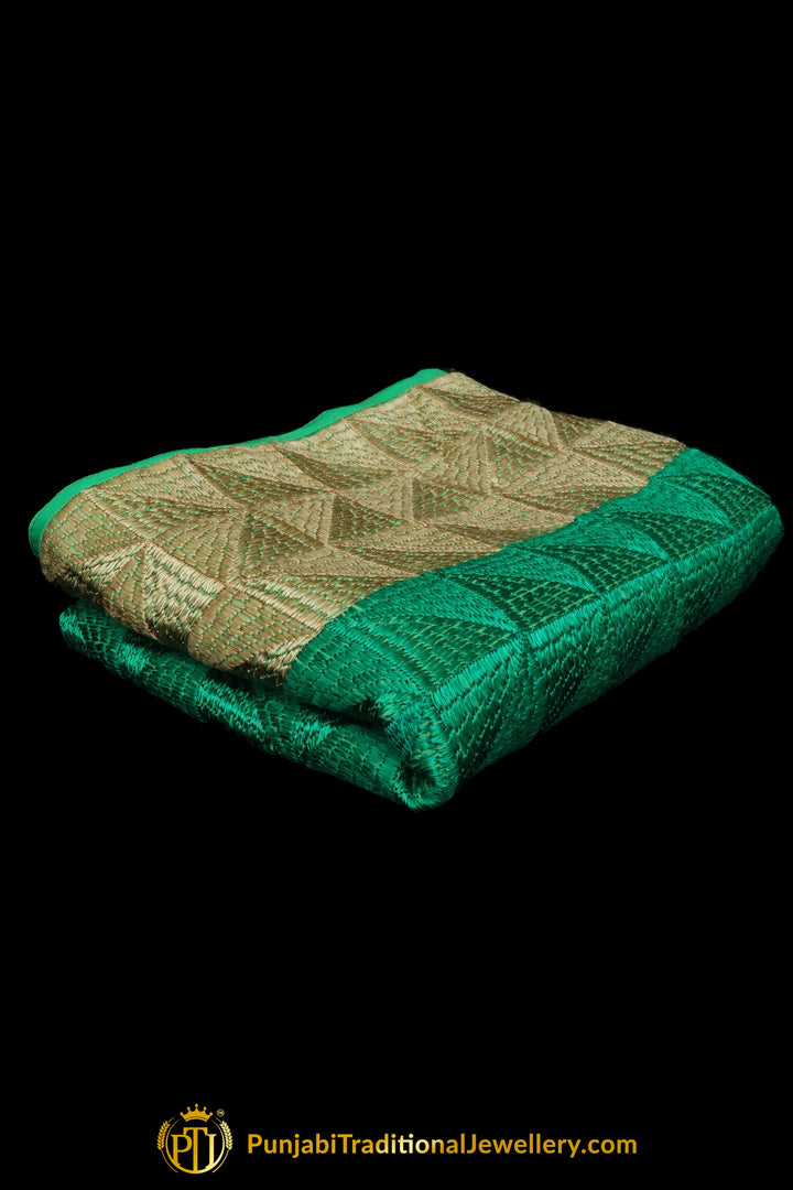 Golden & Green Color Pure Phulkari Dupatta By Punjabi Traditional Jewellery