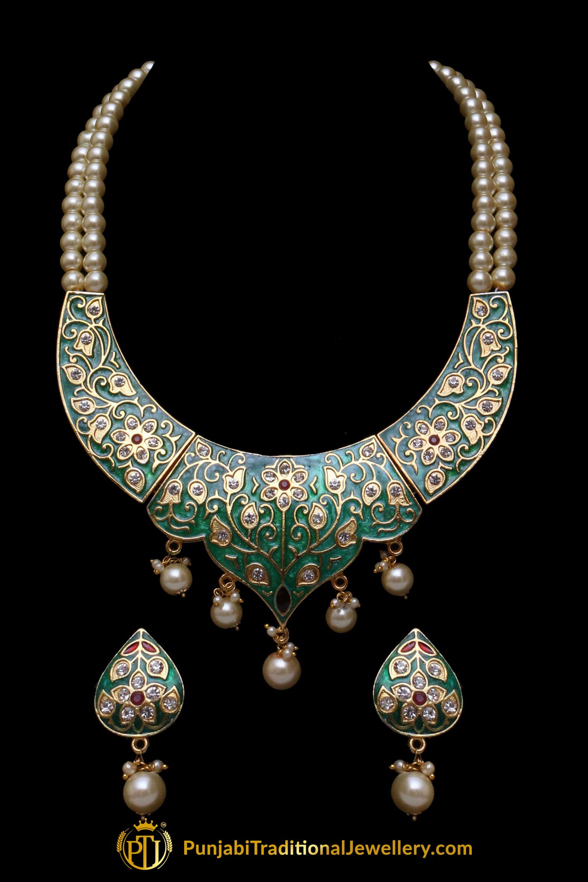 Green Kundan Pearl Necklace Set By Punjabi Traditional Jewellery