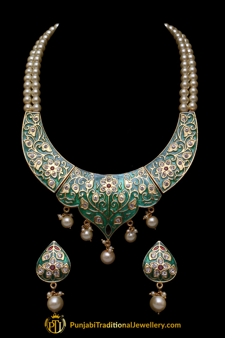 Green Kundan Pearl Necklace Set By Punjabi Traditional Jewellery
