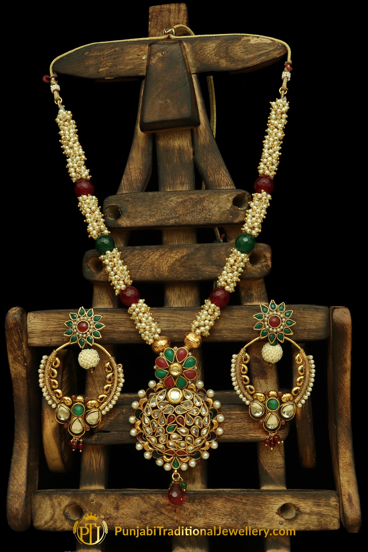 Rubby Panna Pearl Jodha Mala Necklace Set By Punjabi Traditional Jewellery