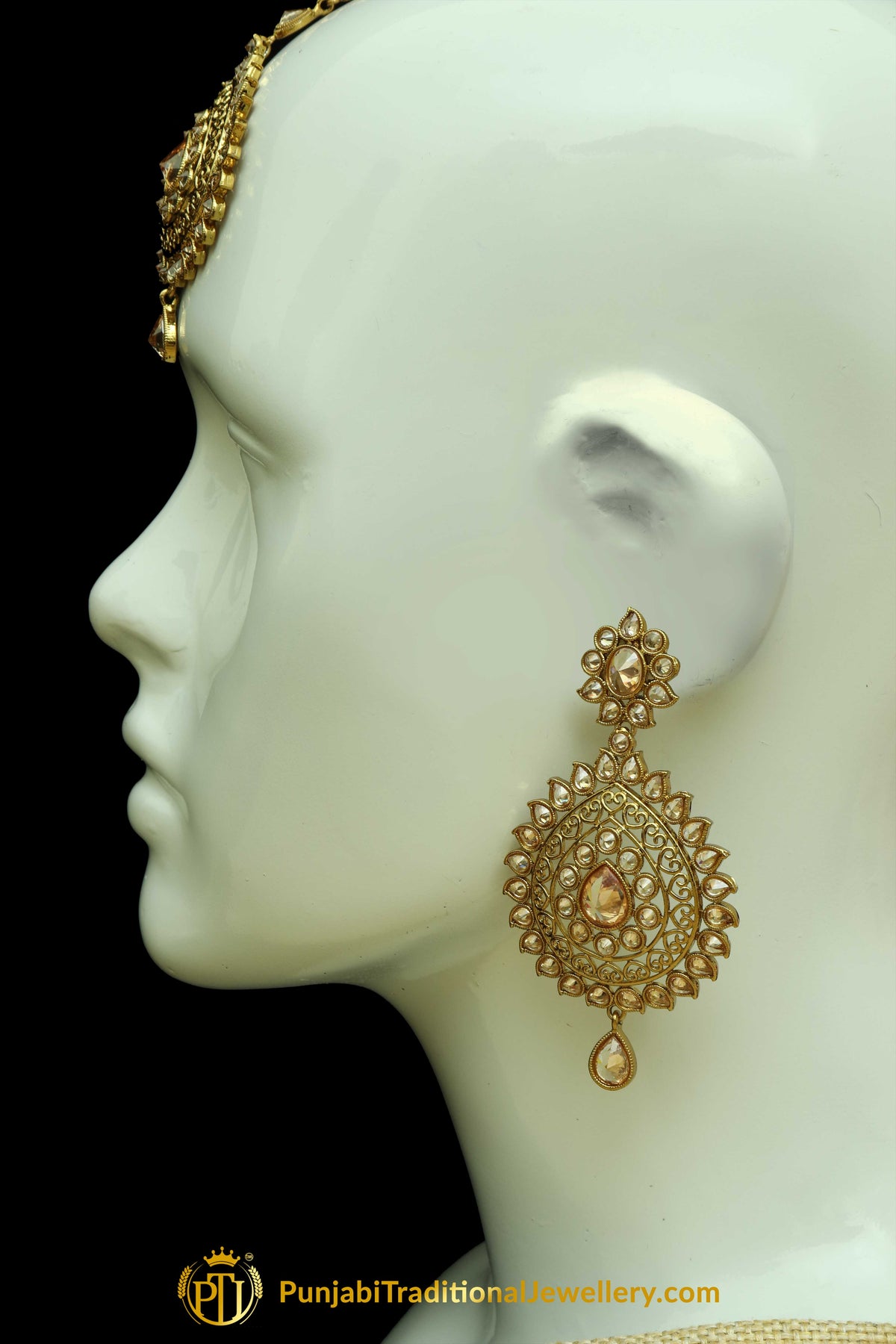Champagne Stone Earring Tikka Set By Punjabi Traditional Jewellery