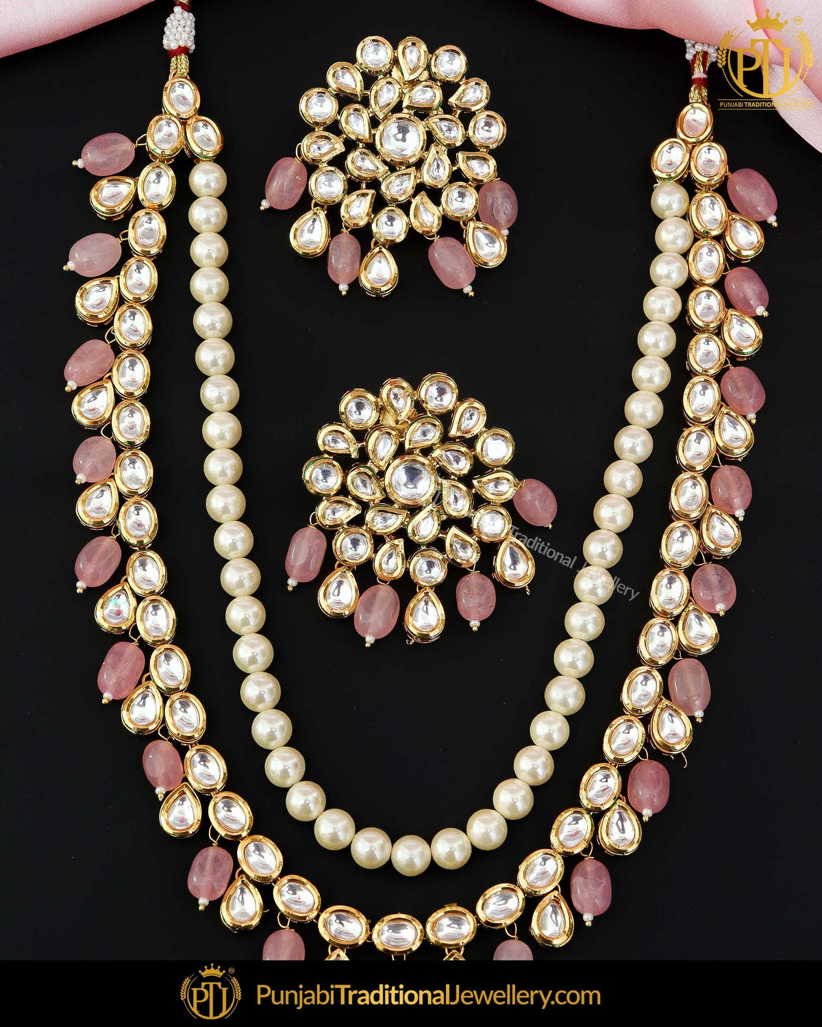 Gold Finished Pink Kundan Necklace Set | Punjabi Traditional Jewellery Exclusive