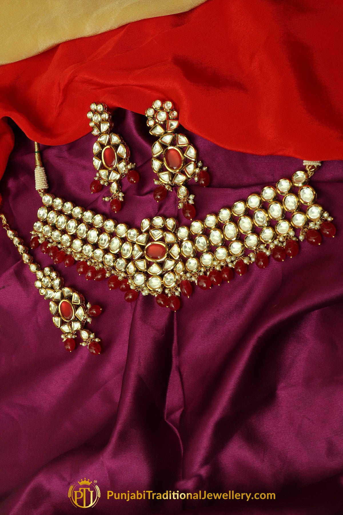 Red Kundan & Pearl Choker Necklace Set By Punjabi Traditional Jewellery