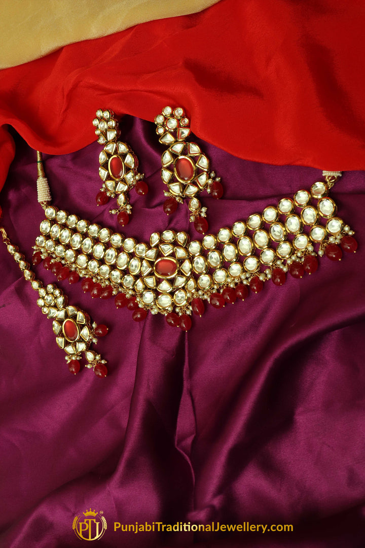 Red Kundan & Pearl Choker Necklace Set By Punjabi Traditional Jewellery