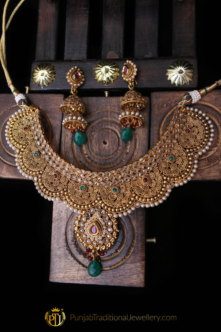 Red Green Antique Gold Polki Choker Necklace Set By Punjabi Taditional Jewellery