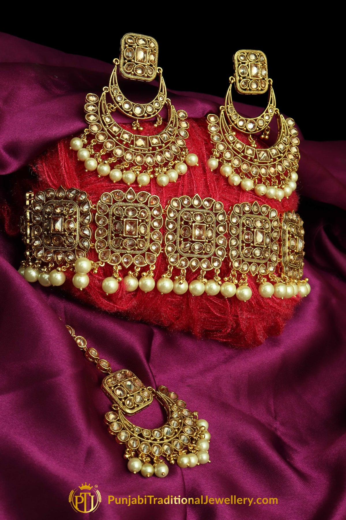Polki Champagne Stone Choker Necklace Set By Punjabi Taditional Jewellery