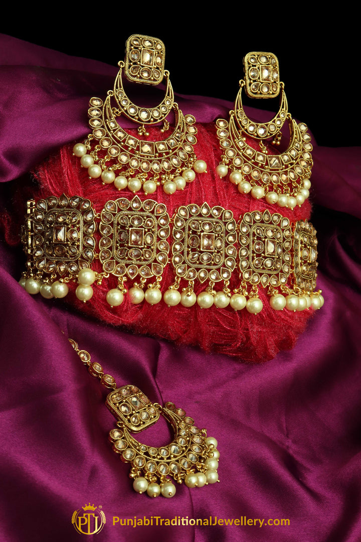 Polki Champagne Stone Choker Necklace Set By Punjabi Taditional Jewellery