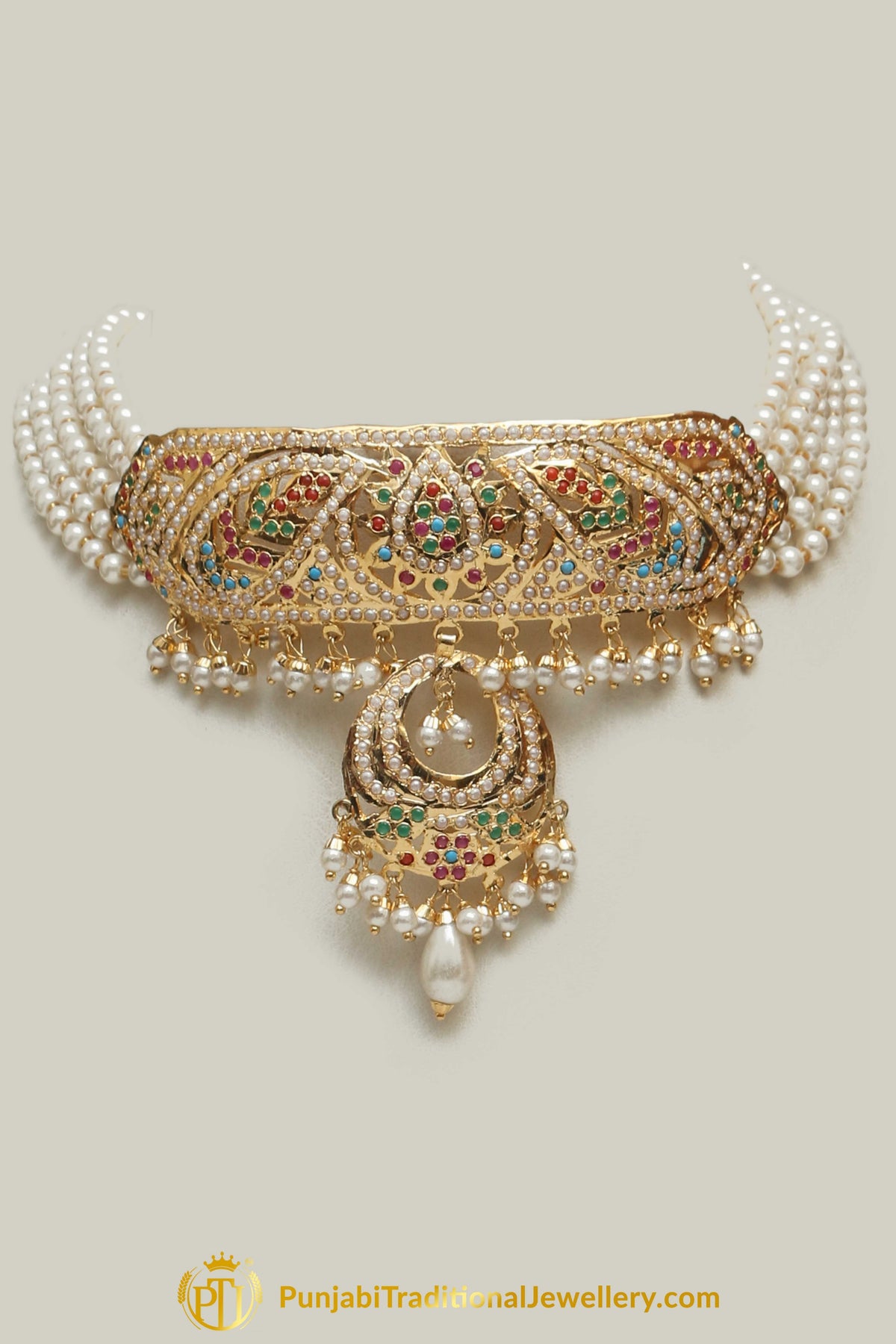 Jadau Multi Pearl Choker Necklace Set By Punjabi Traditional Jewellery