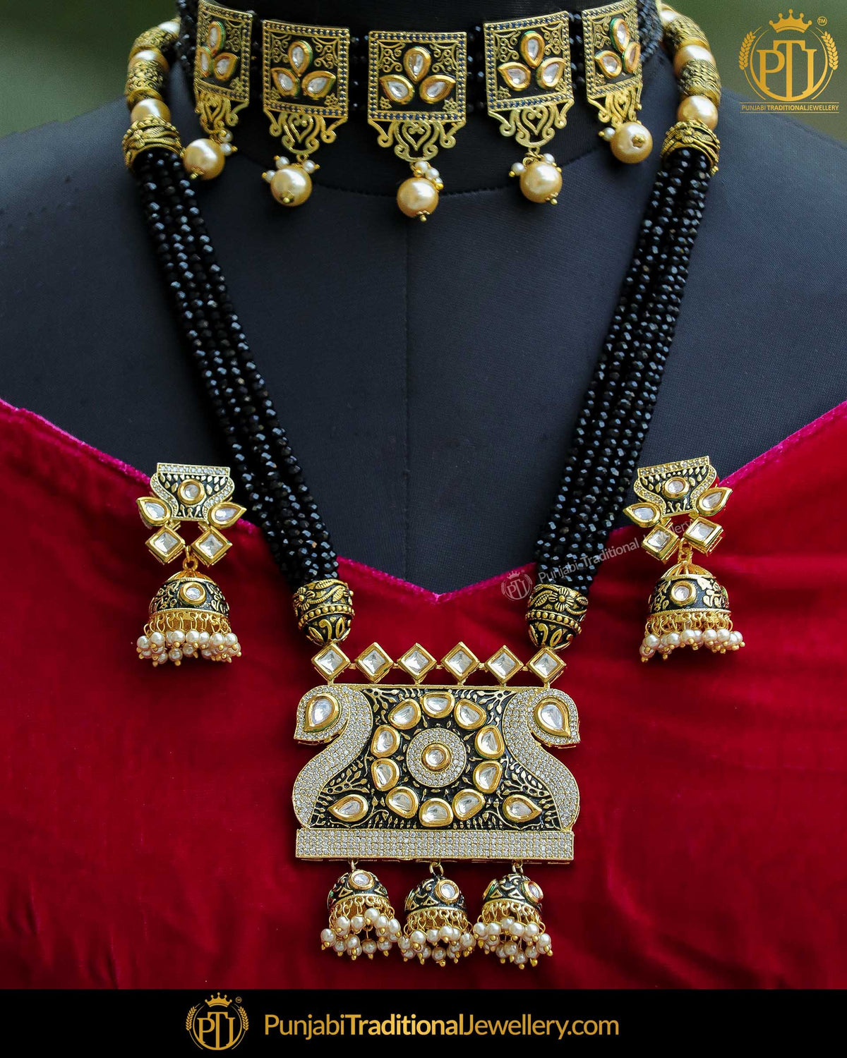 Antique Gold Finished Black Kundan Peacock Mugal Mala Set | Punjabi Traditional Jewellery Exclusive