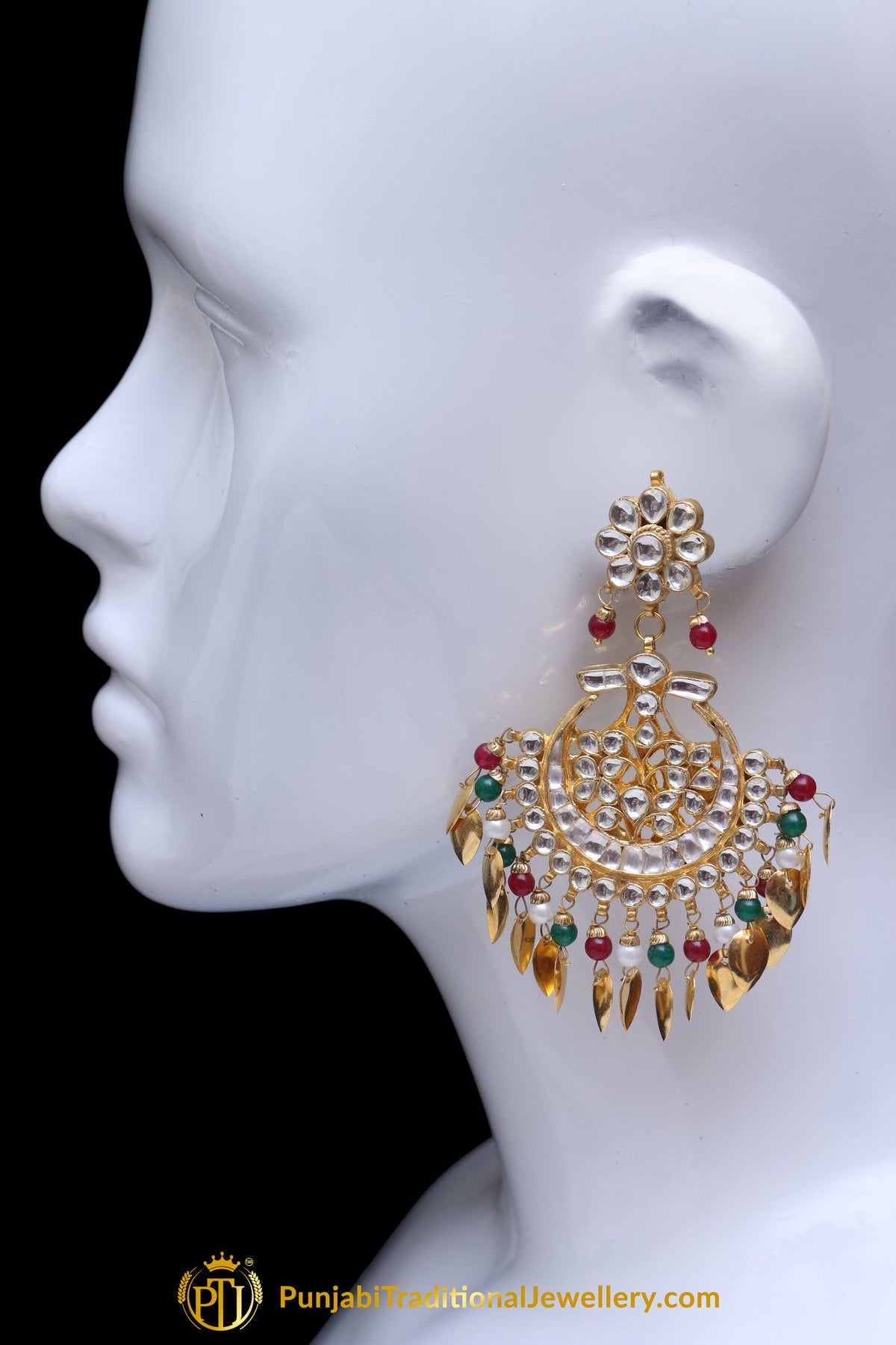 Aamsya Gold Plated Red Green Pippal Patti Kundan Earring Tikka Set By Punjabi Traditional Jewellery