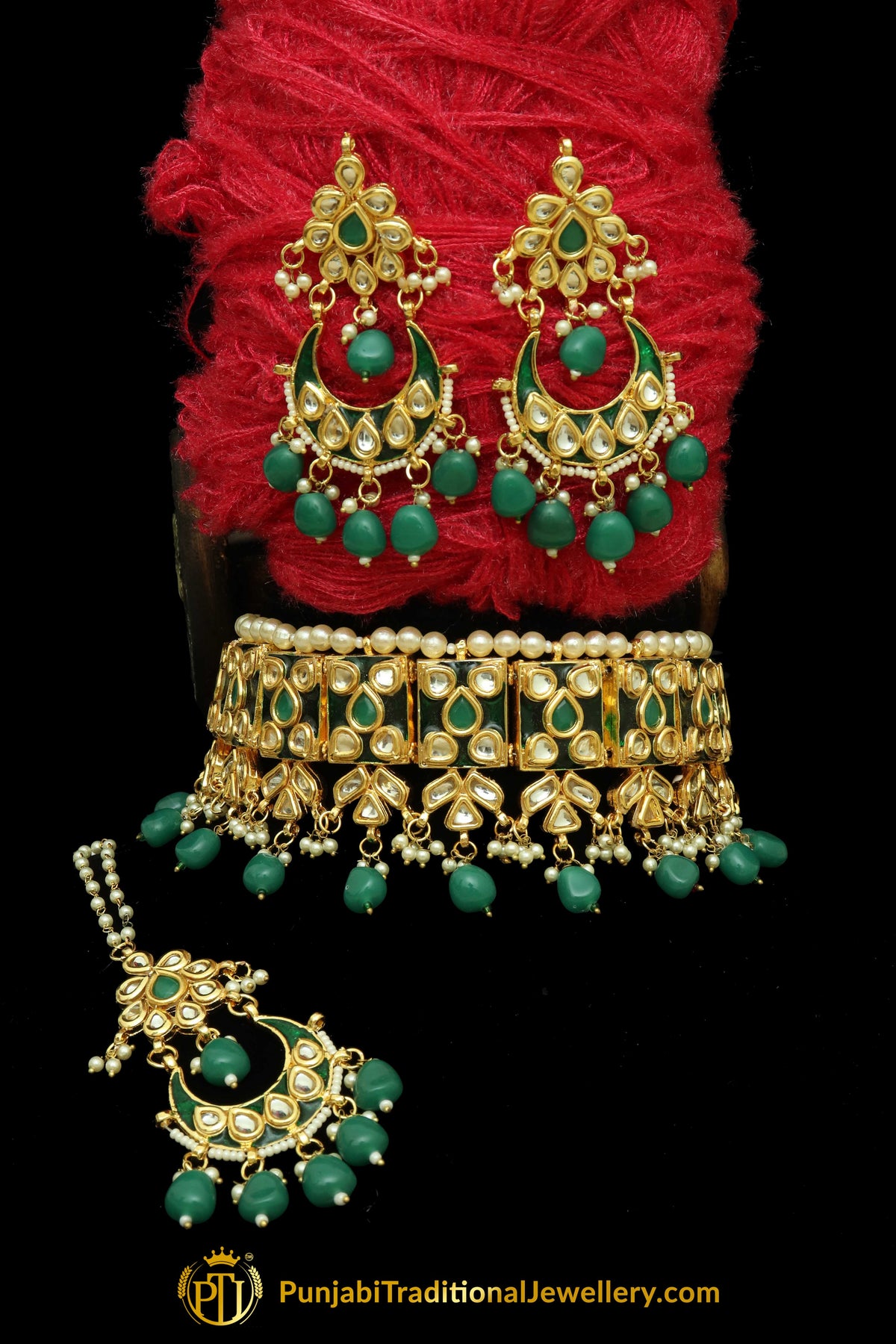 Emerald Meena Kundan Pearl Choker Necklace Set By Punjabi Traditional Jewellery