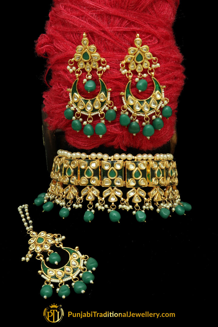 Emerald Meena Kundan Pearl Choker Necklace Set By Punjabi Traditional Jewellery