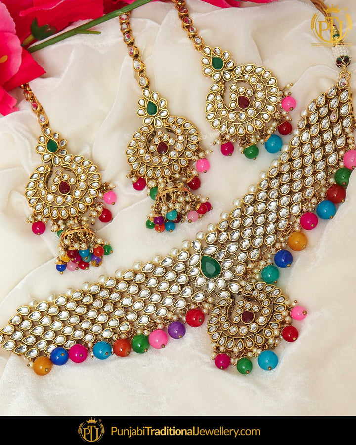 Gold Finished Navratan Kundan Pearl Choker Necklace & Sahare Earrings | Punjabi Traditional Jewellery Exclusive