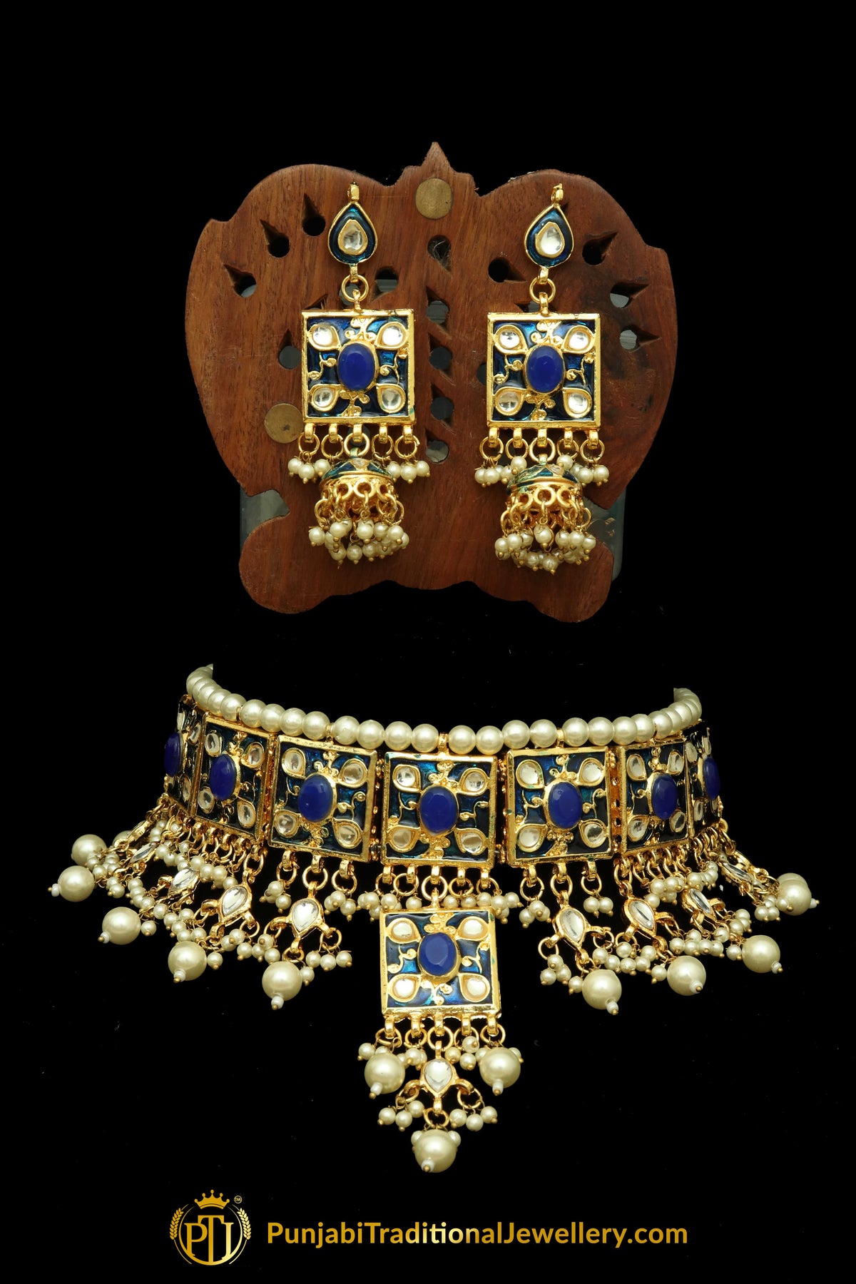 Blue Meena Kundan Pearl Choker Necklace Set By Punjabi Traditional Jewellery