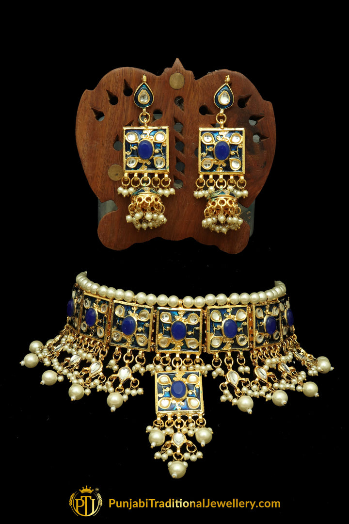 Blue Meena Kundan Pearl Choker Necklace Set By Punjabi Traditional Jewellery