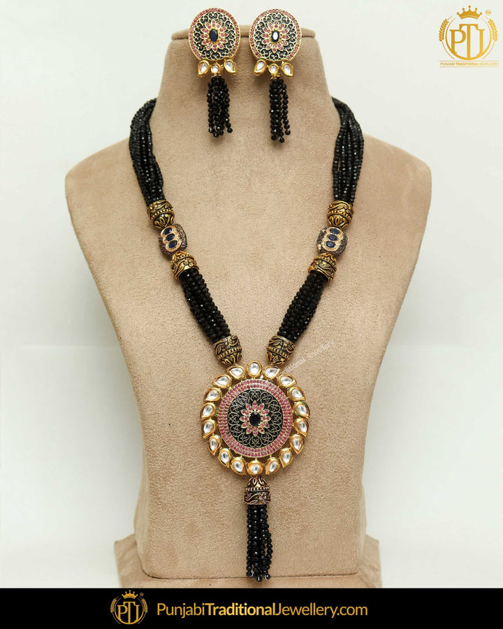 Gold Finished Black Pearl Kundan Mala Necklace Set | Punjabi Traditional Jewellery Exclusive