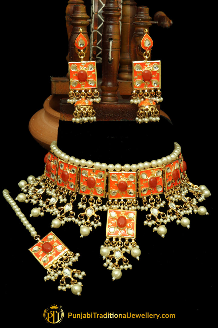Orange Meena Kundan Pearl Choker Necklace Set By Punjabi Traditional Jewellery