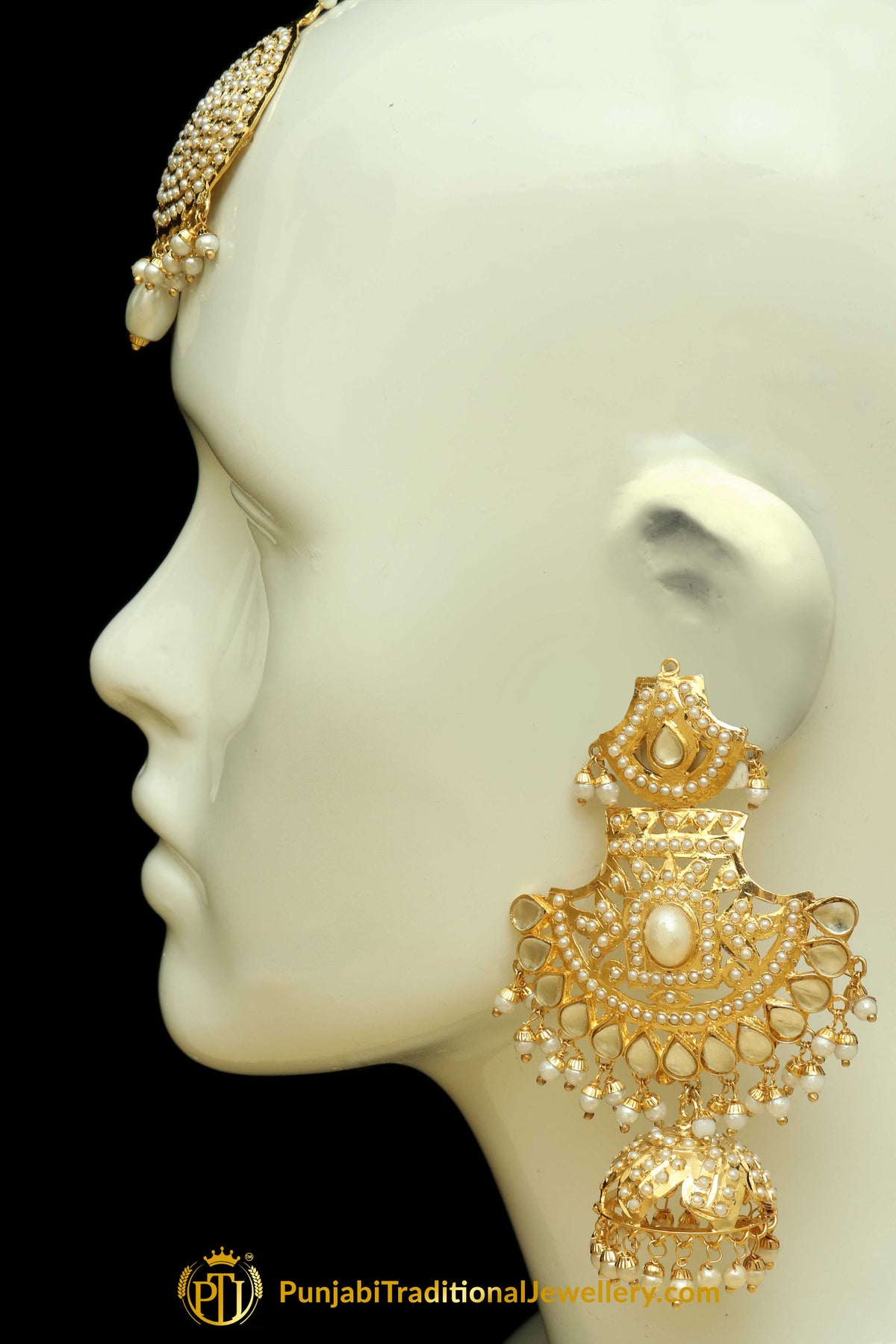 Golden  Jadau & Kundan Earrings Tikka Set By Punjabi Traditional Jewellery