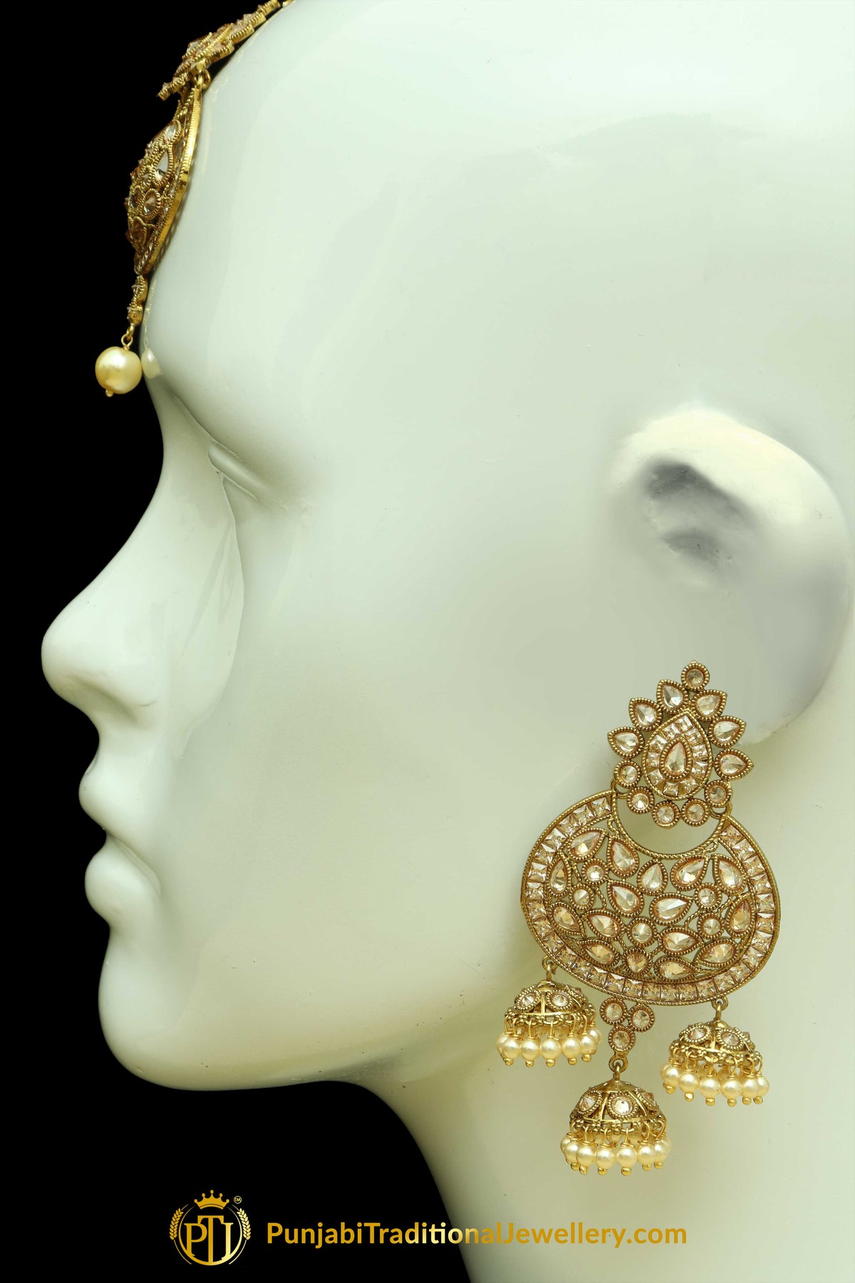 Golden Polki Pearl Earrings Tikka Set By Punjabi Traditional Jewellery
