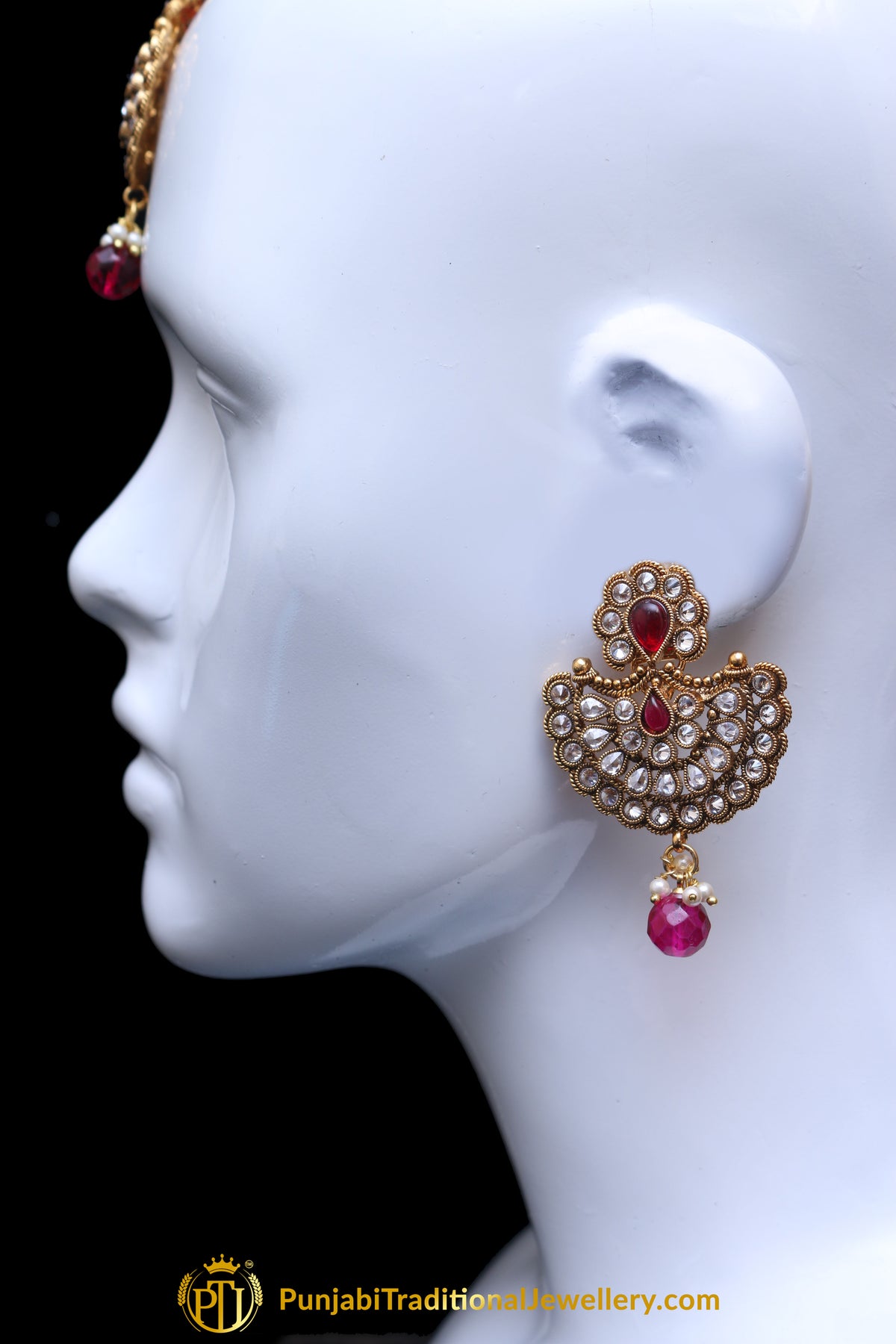 Red Polki Earring Tikka Set By Punjabi Traditional Jewellery