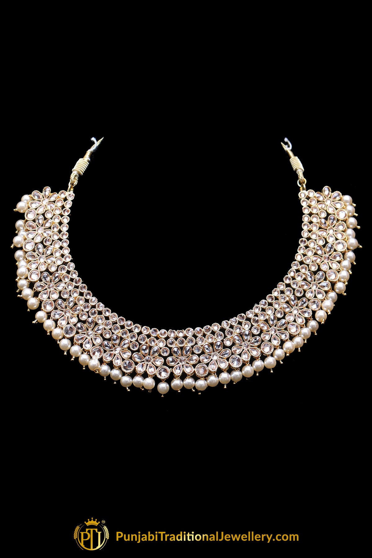 Golden Polki Pearl Necklace Set By Punjabi Traditional Jewellery